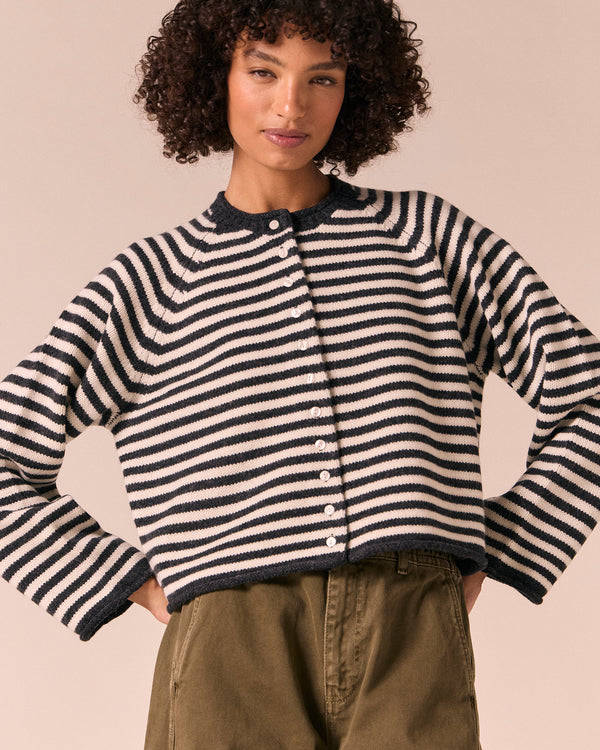 model wears henna charcoal stripe knitted cardigan