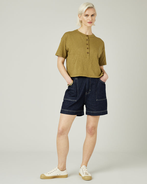 model wears khaki henri top 
