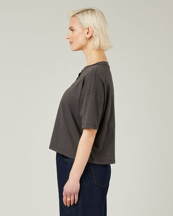 model wears slate henri tee