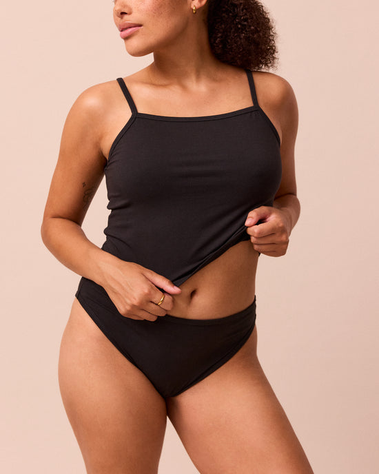 model wears black high rose jersey knicker