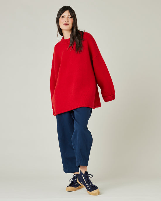 model wears red knitted luna jumper