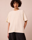 model wears irena bone jersey top