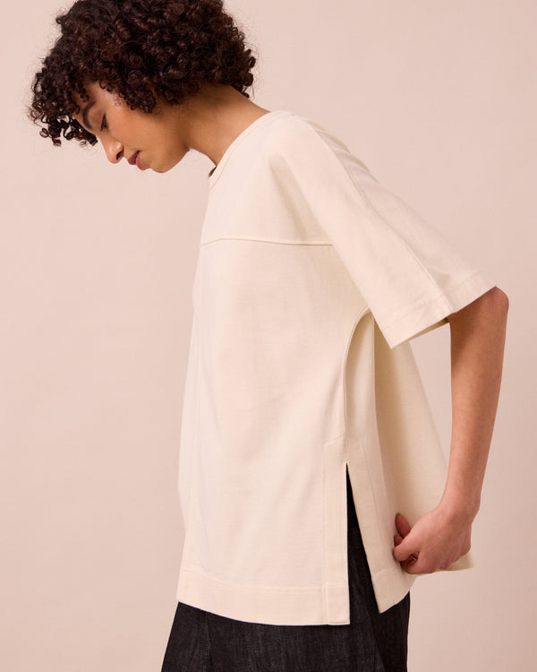 model wears irena bone jersey top
