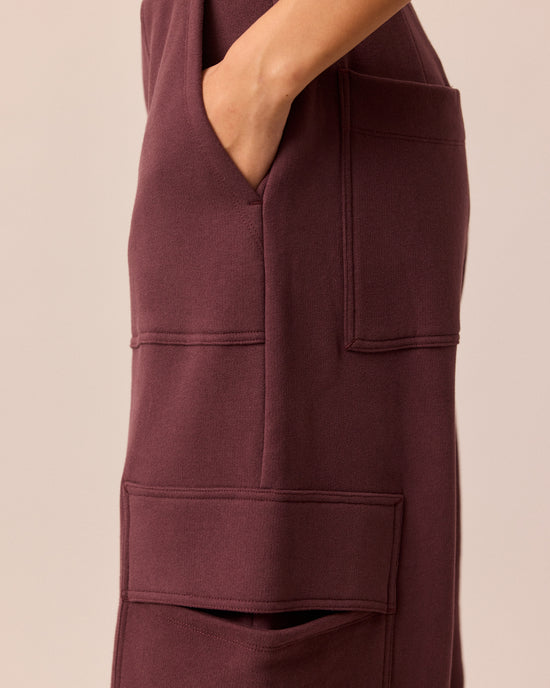 model wears jessie burgundy jersey trouesrs