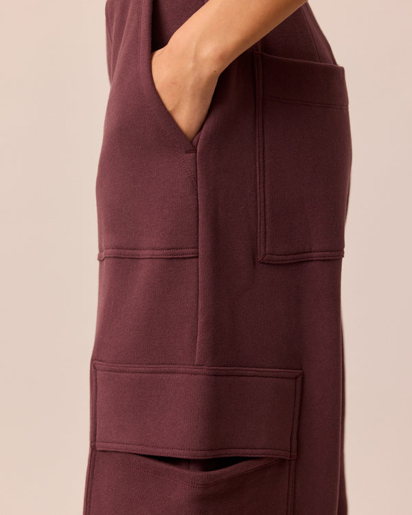 model wears jessie burgundy jersey trouesrs