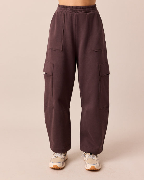 model wears jessie prune jersey trousers front