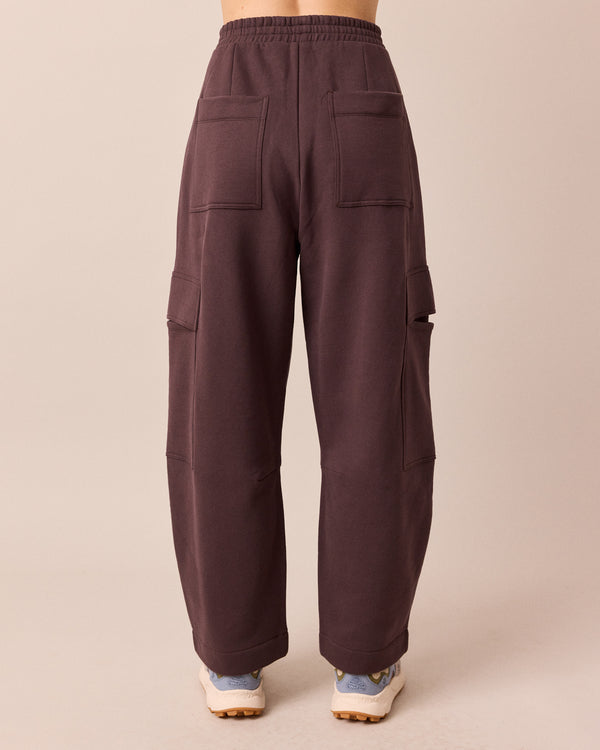 model wears jessie prune jersey trousers back