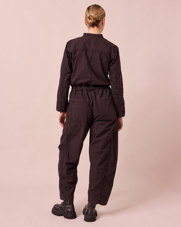 model wears jill ganache textured cotton jumpsuit