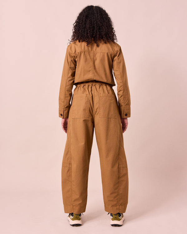 model wears jill nutmg textured cotton jumpsuit