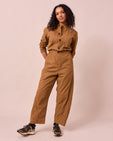 model wears jill nutmg textured cotton jumpsuit