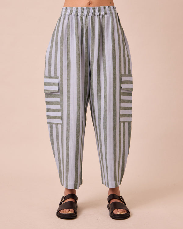model wears jodi aloe stripe linen trousers front