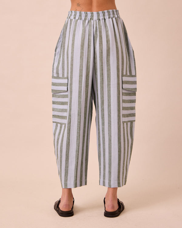 model wears jodi aloe stripe linen trousers back