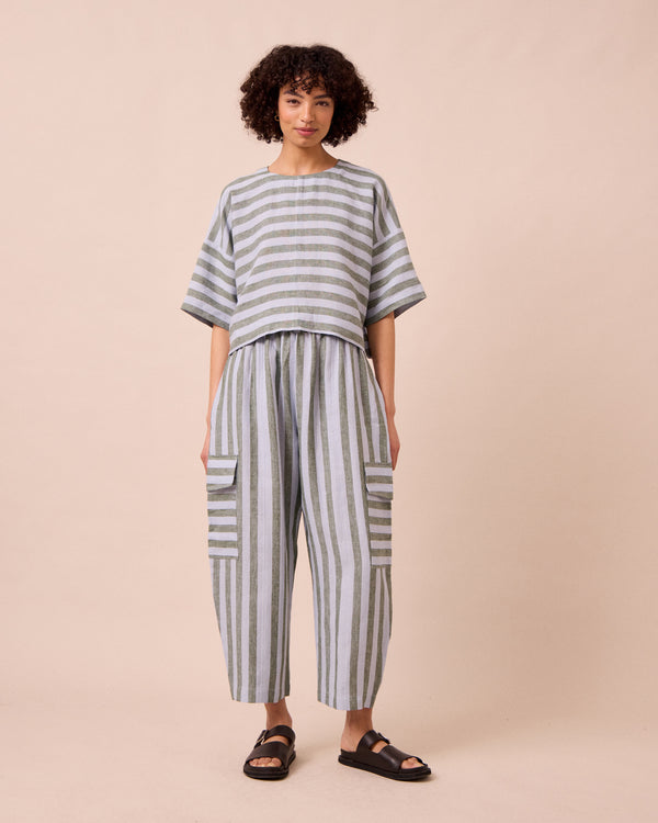 model wears jodi aloe stripe linen trousers left 