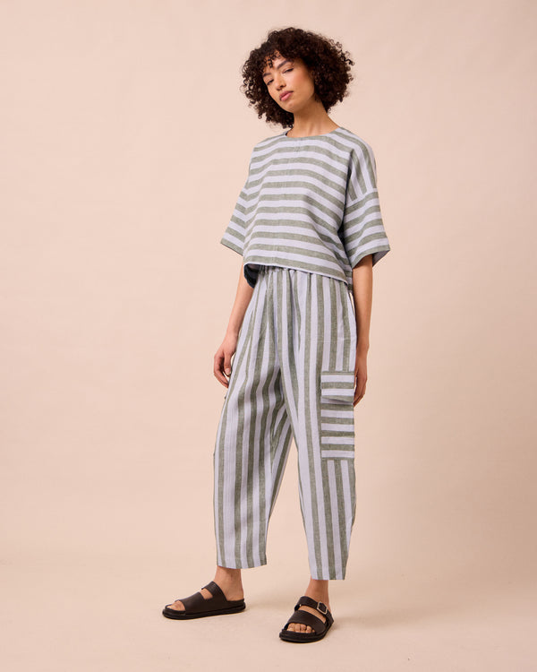 model wears jodi aloe stripe linen trousers right