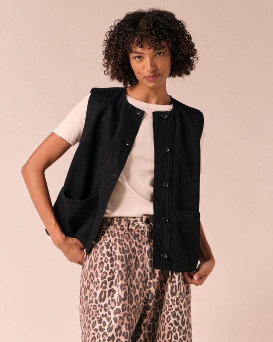 model wears kacie black denim top