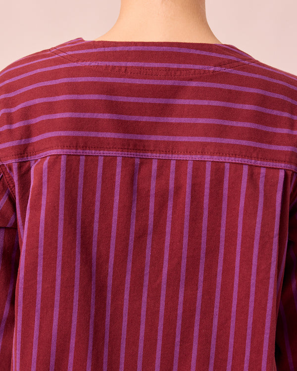 model wears kat russet and violet stripe denim jacket