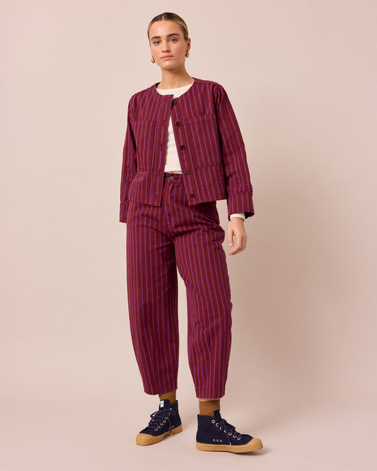 model wears kat russet and violet stripe denim jacket