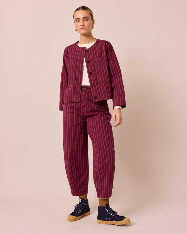 model wears kat russet and violet stripe denim jacket