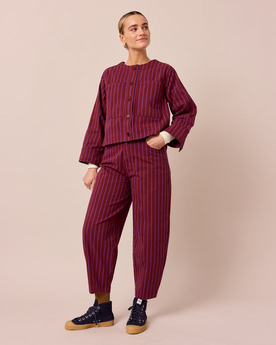 model wears kat russet and violet stripe denim jacket