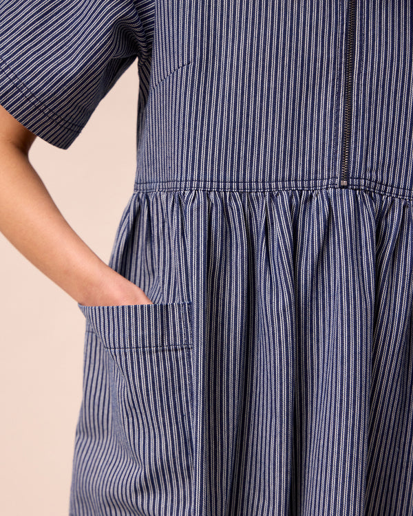 model wears kera navy hickory stripe denim dress