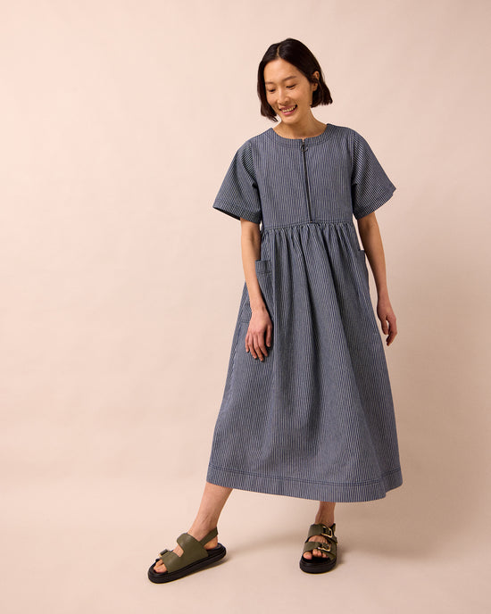 model wears kera navy hickory stripe denim dress