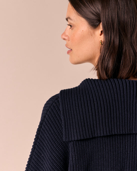 model wears kia navy knitted jumper