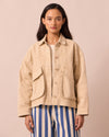 model wears kitty raffia denim jacket