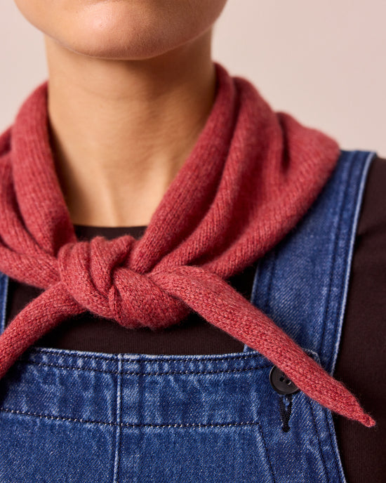 model wears clay pink knitted neckerchief