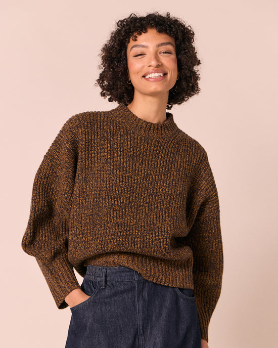 model wears kristie autumn twist knitted jumper