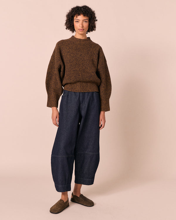 model wears kristie autumn twist knitted jumper