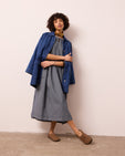 model wears kera navy hickory stripe denim dress