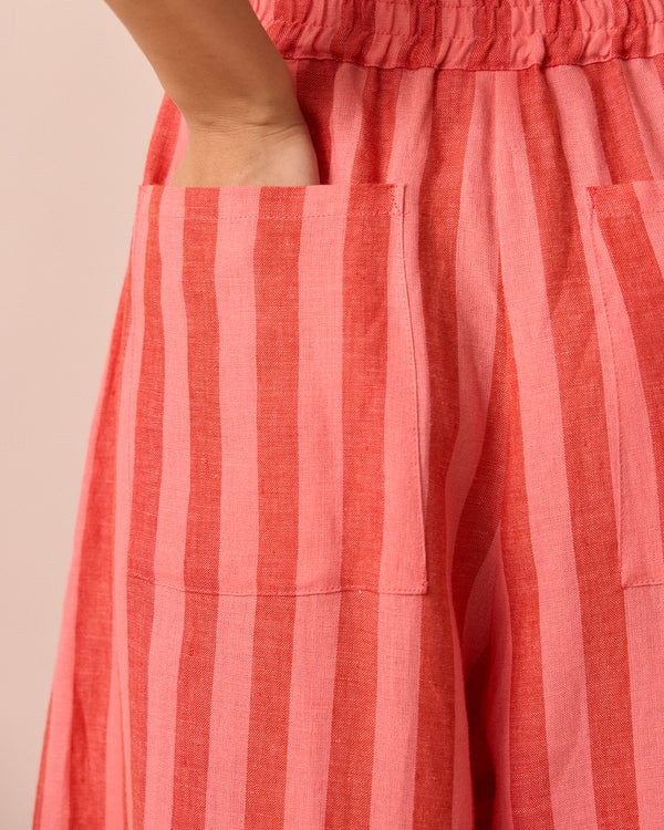 model wears layne sorbet stripe linen trousers