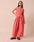 model wears layne sorbet stripe linen trousers right
