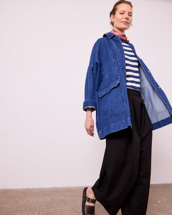 model wears lottie ecru and french navy stripe jersey t shirt