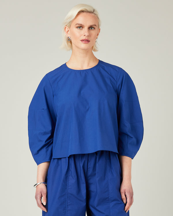 model wears cobalt poplin lena top