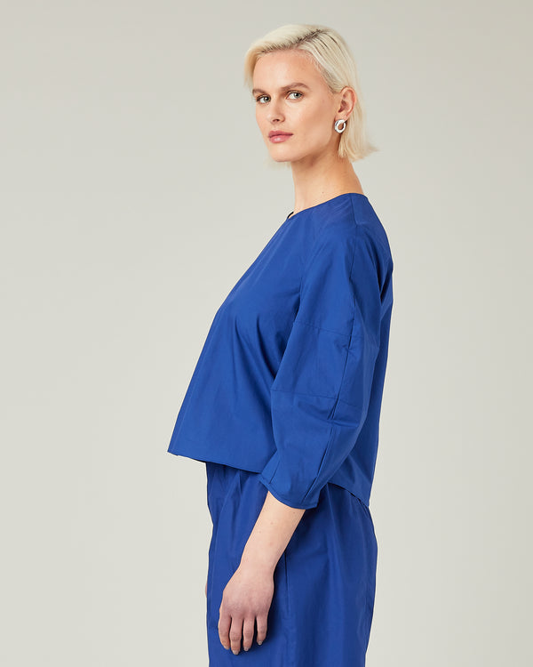 model wears cobalt poplin lena top
