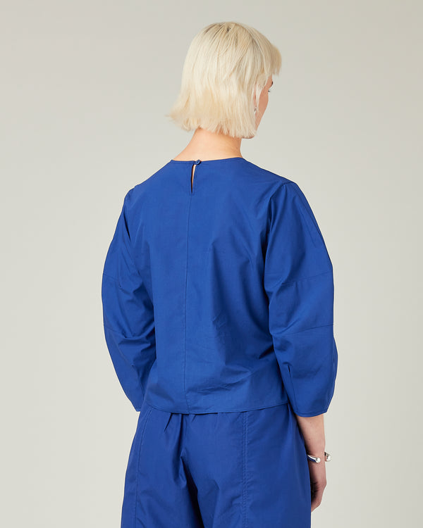 model wears cobalt poplin lena top