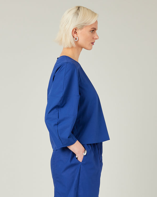 model wears cobalt poplin lena top