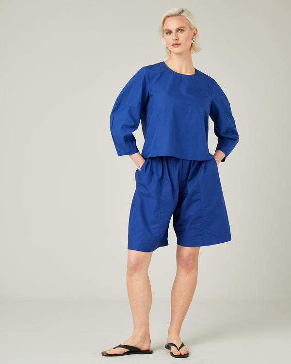model wears cobalt poplin lena top