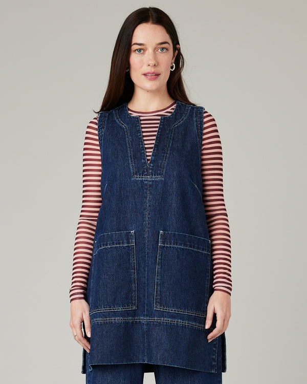 model wears tabby dark wash denim tunic 