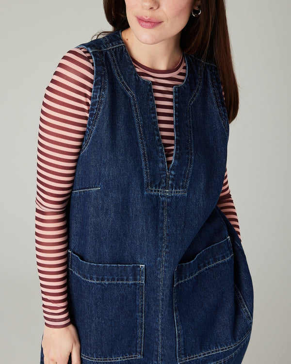 model wears tabby dark wash denim tunic 