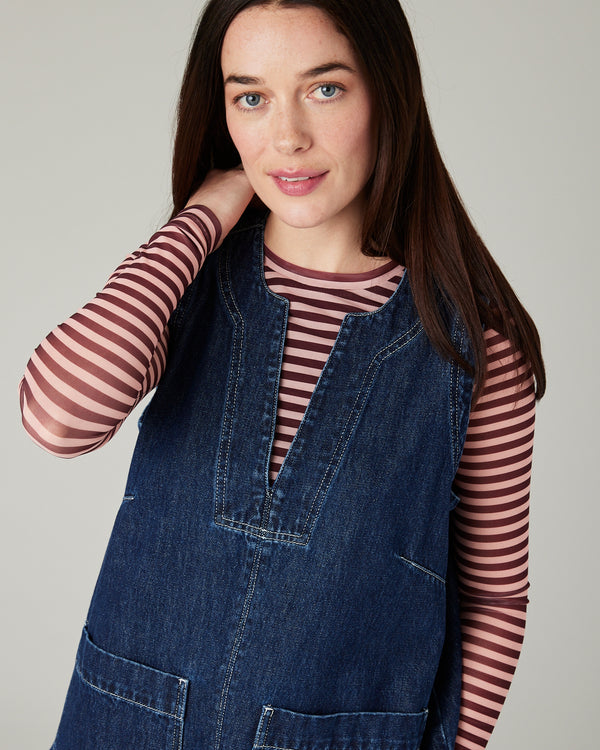 model wears tabby dark wash denim tunic 