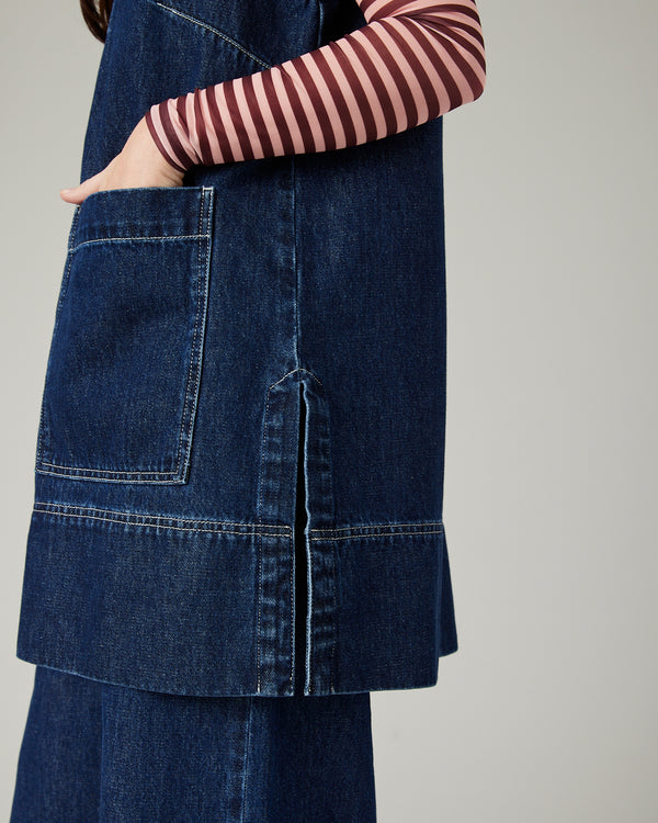 model wears tabby dark wash denim tunic 