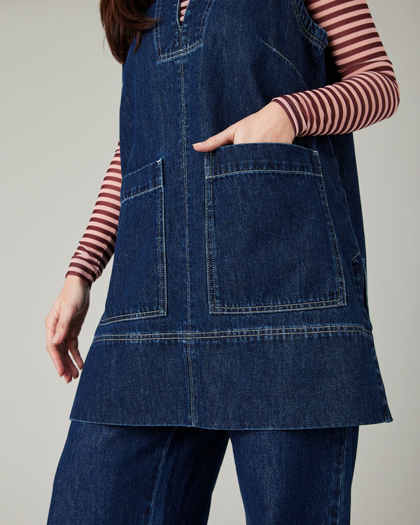 model wears tabby dark wash denim tunic 