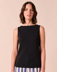 model wears liana black jersey top