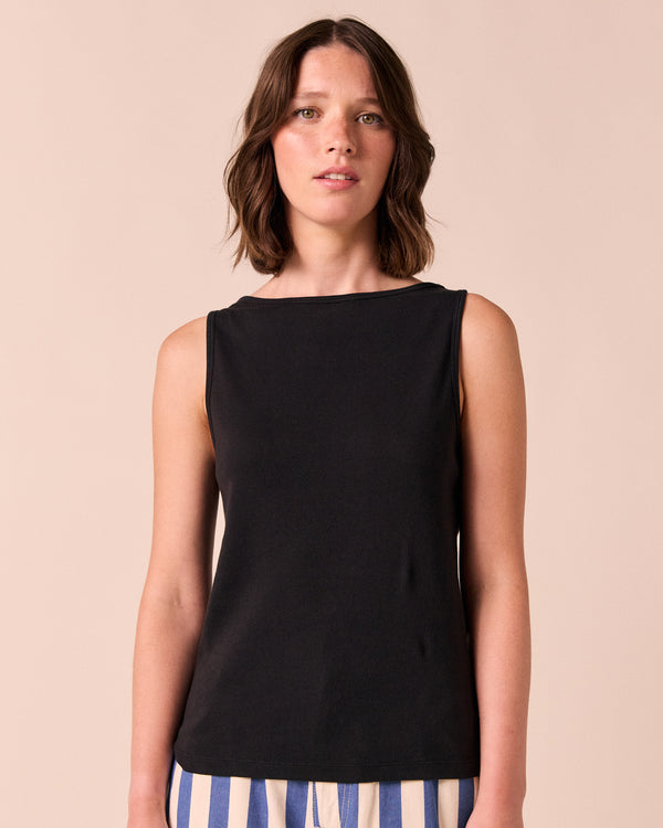 model wears liana black jersey top