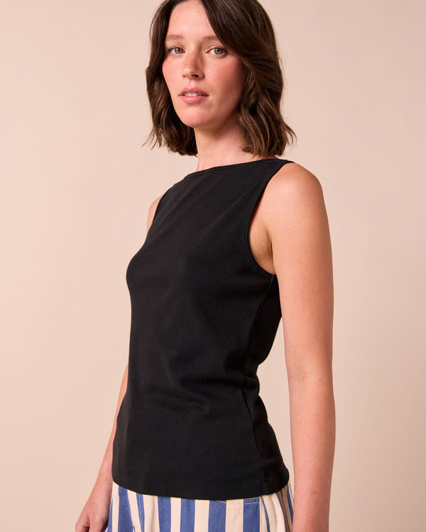 model wears liana black jersey top