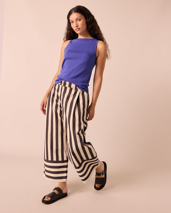 model wears liana cobalt blue jersey top