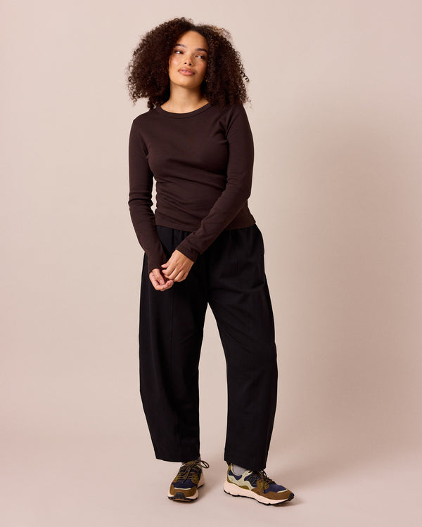 model wears lila ganache jersey top