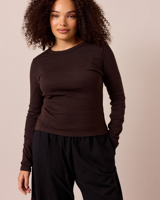 model wears lila ganache jersey top